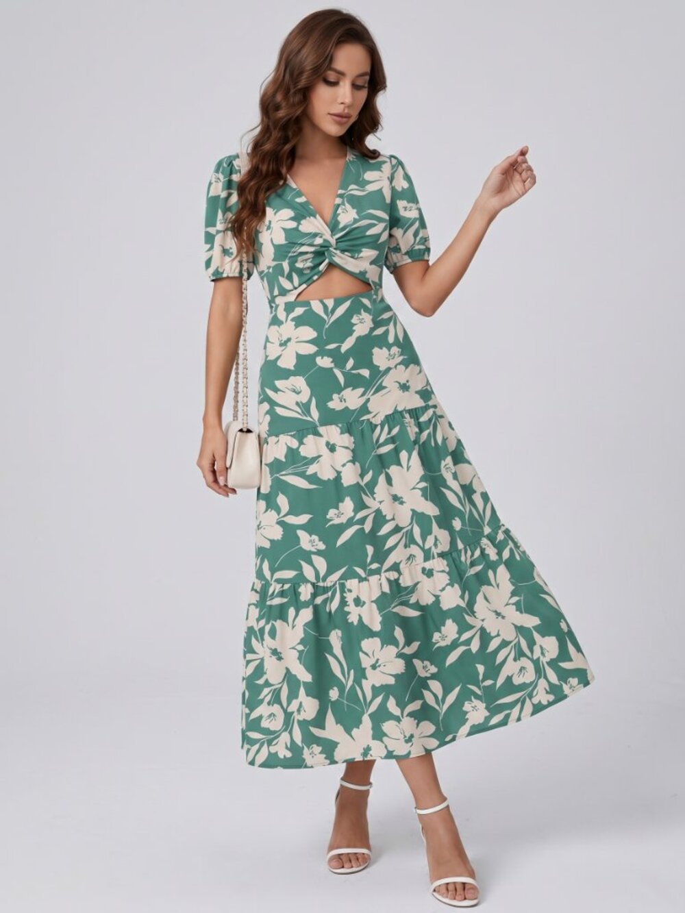Women Floral Twist Front Cut Out Maxi Dress Ruffle Summer Beach Boho Chic - Picture 2 of 5
